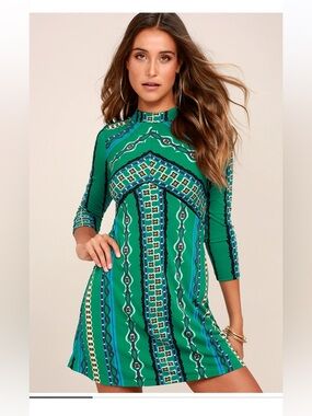 Free People Stella Green Print Long Sleeve Mini Dress small